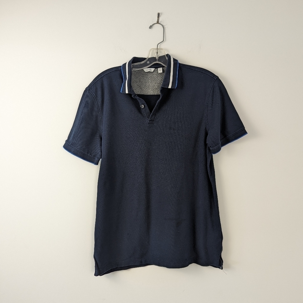 Men's Calvin Klein Navy Striped Polo Casual Shirt Size M